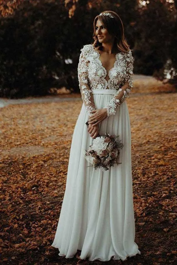 A-Line V-Neck Floor Length Chiffon Wedding Dress with Appliques Flowers  WD340