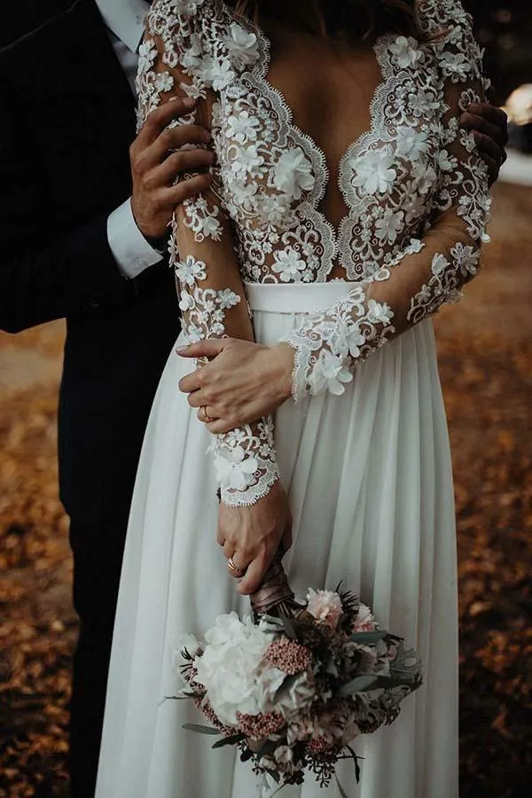 A-Line V-Neck Floor Length Chiffon Wedding Dress with Appliques Flowers  WD340