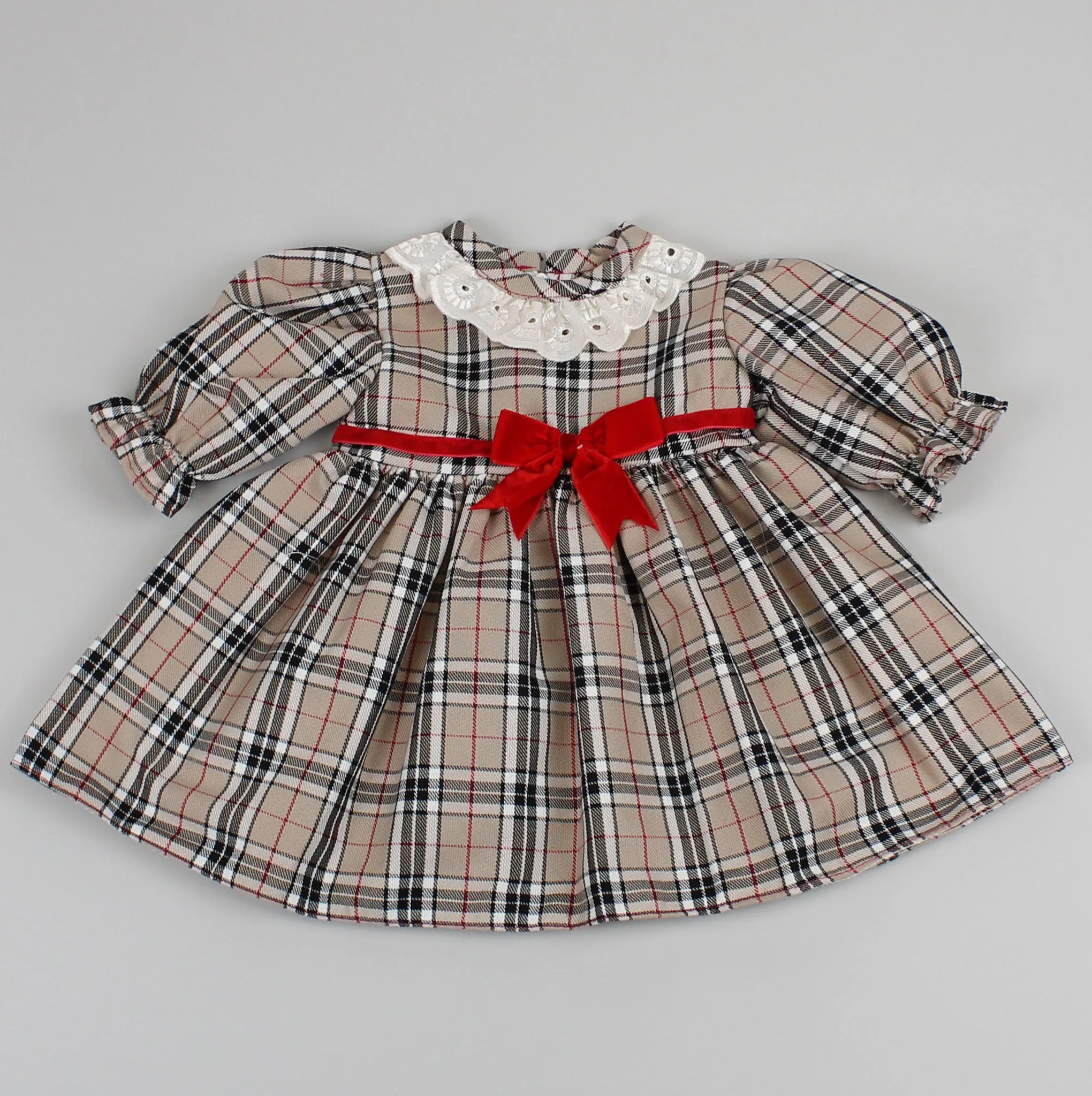 Baby Girls Beige Tartan Dress With Velvet Bow