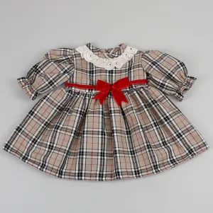Baby Girls Beige Tartan Dress With Velvet Bow