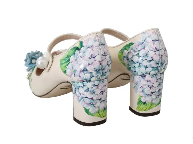 Beige Hortensia Floral Mary Janes Shoes