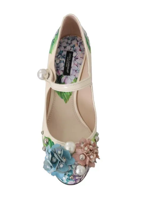 Beige Hortensia Floral Mary Janes Shoes