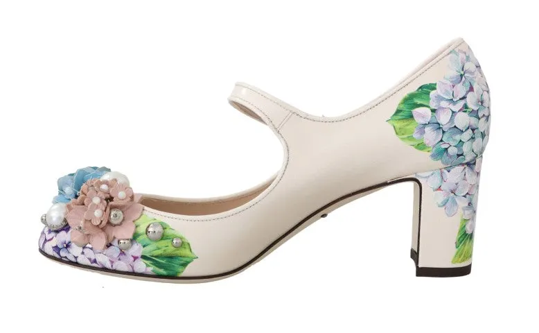 Beige Hortensia Floral Mary Janes Shoes