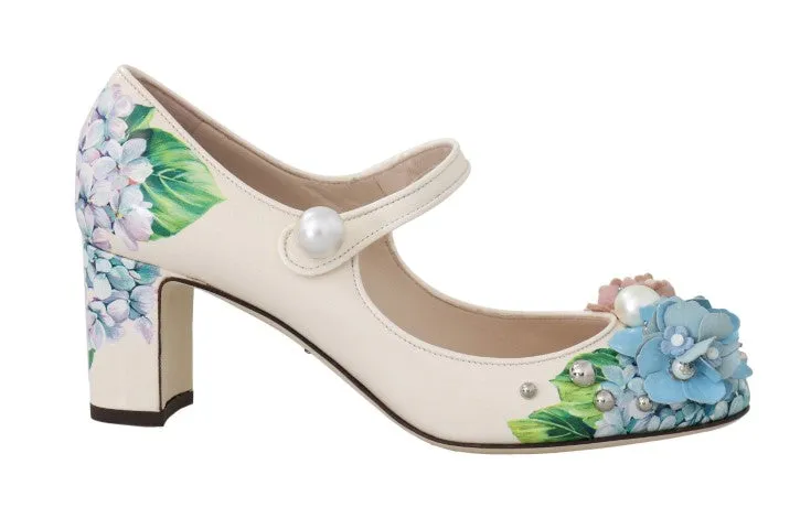 Beige Hortensia Floral Mary Janes Shoes