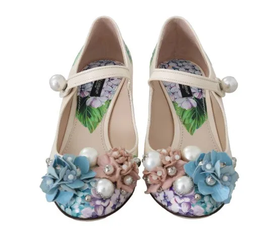 Beige Hortensia Floral Mary Janes Shoes
