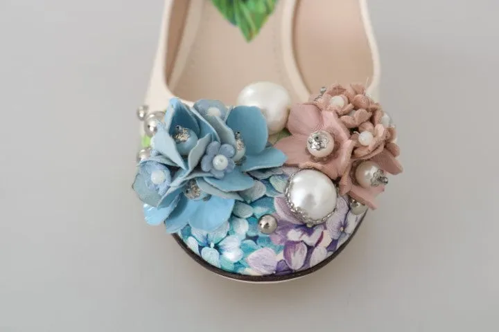 Beige Hortensia Floral Mary Janes Shoes