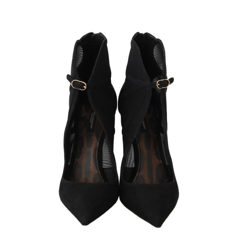 Black Suede Tulle Ankle Strap Pumps