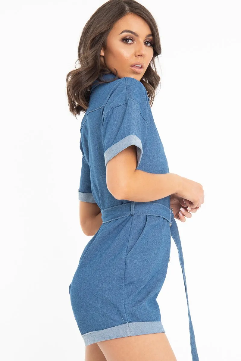 Blue Denim Short Sleeve Belted Playsuit - Avira