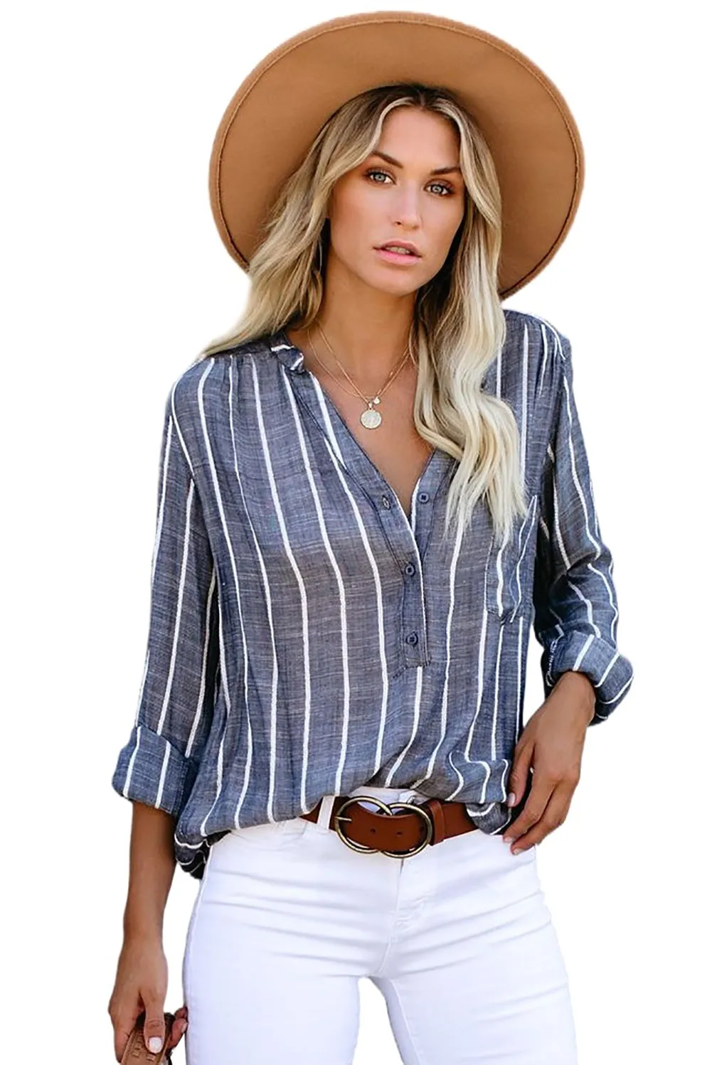 Blue Striped V Neck Pocket Long Sleeve Top