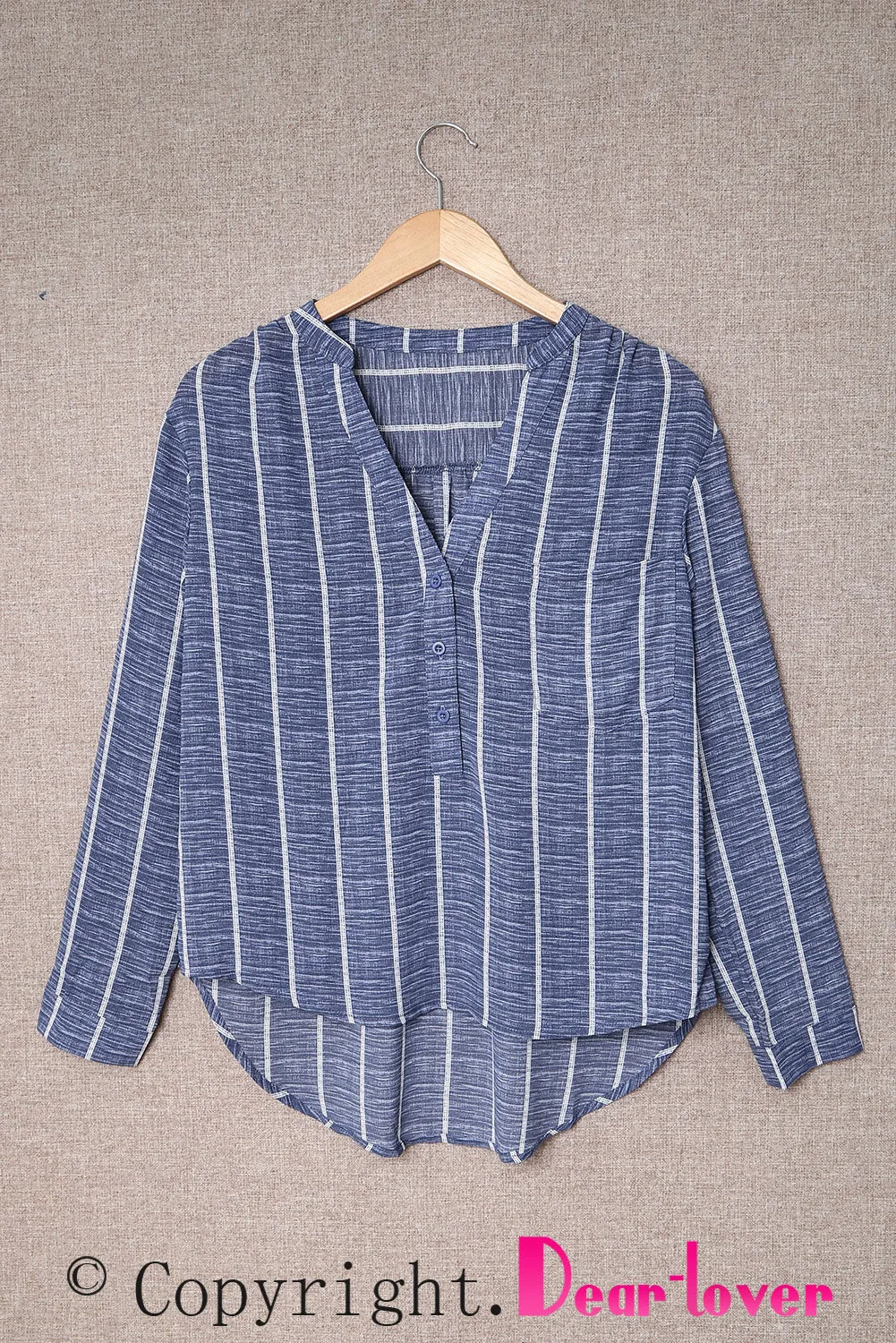 Blue Striped V Neck Pocket Long Sleeve Top