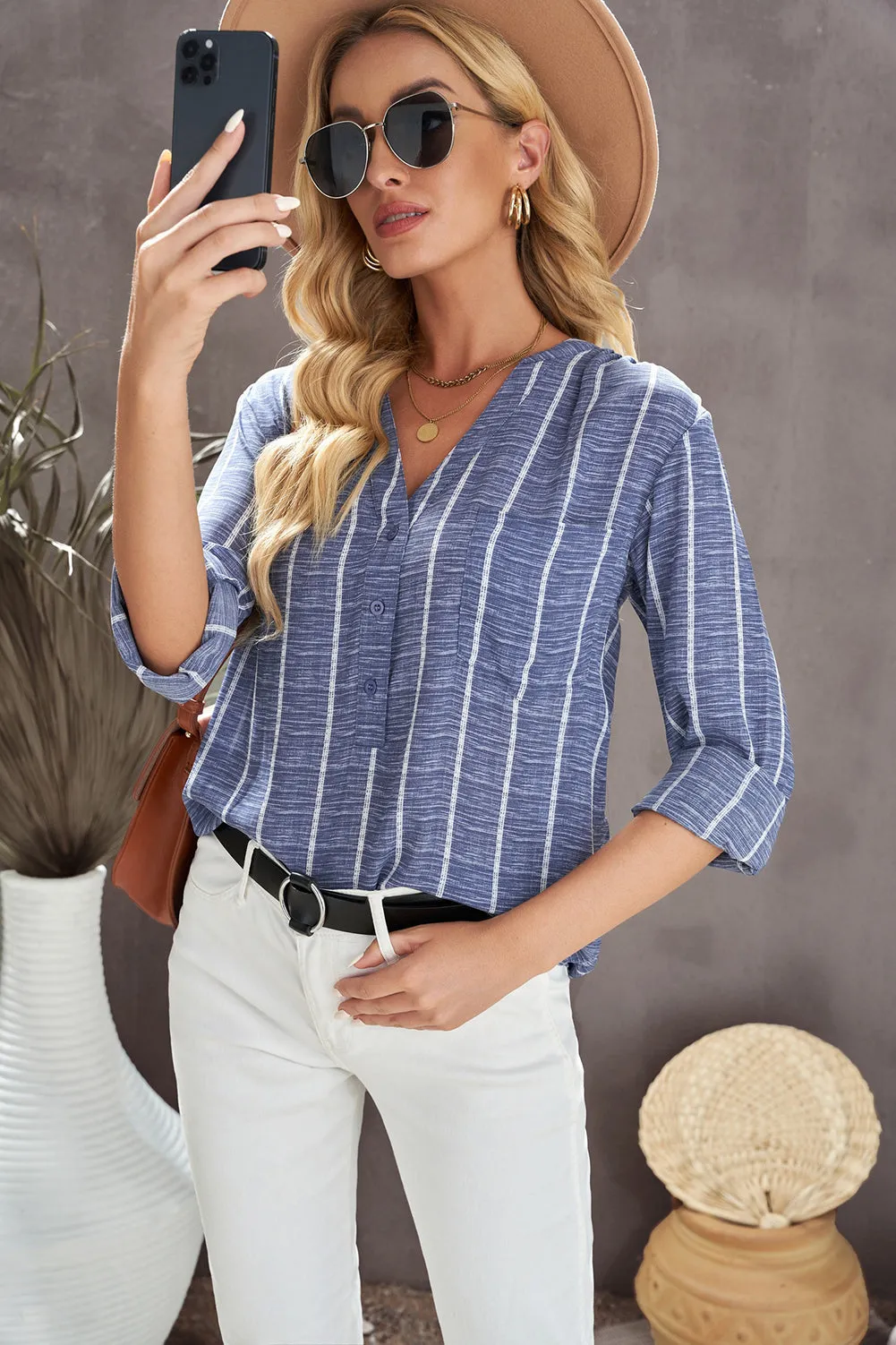 Blue Striped V Neck Pocket Long Sleeve Top