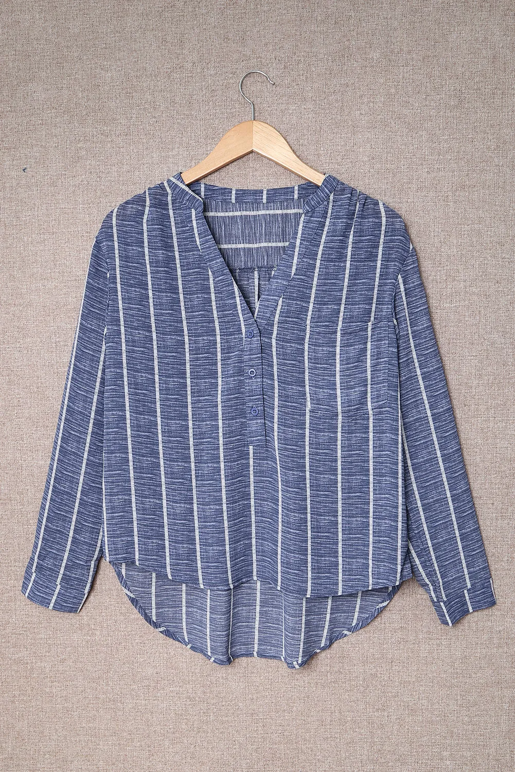 Blue Striped V Neck Pocket Long Sleeve Top