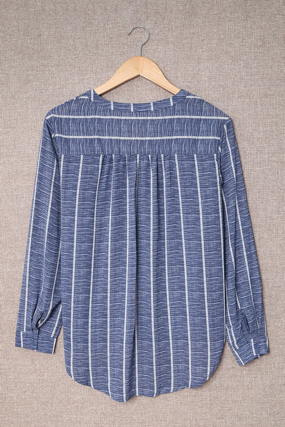 Blue Striped V Neck Pocket Long Sleeve Top