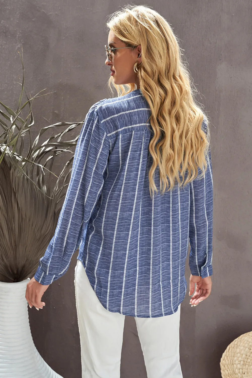 Blue Striped V Neck Pocket Long Sleeve Top