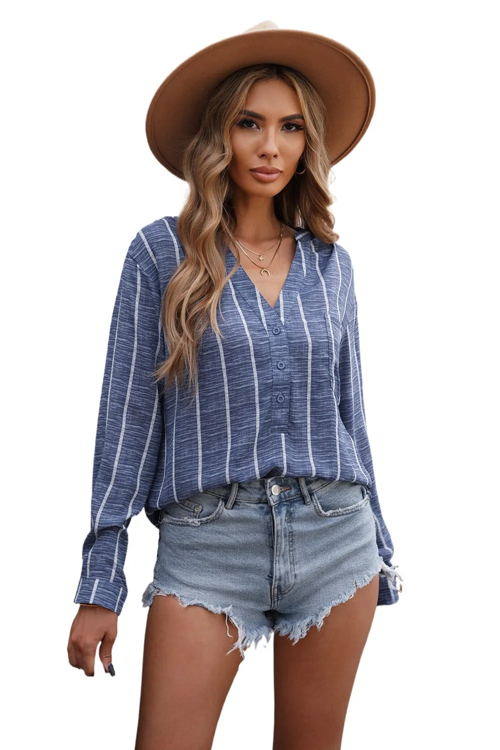 Blue Striped V Neck Pocket Long Sleeve Top