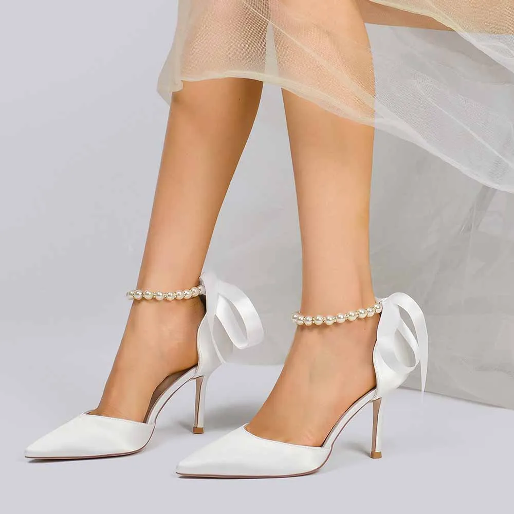 Bride Heels Satin Ankle Strap Pumps With Pearls Party Heel Shoes