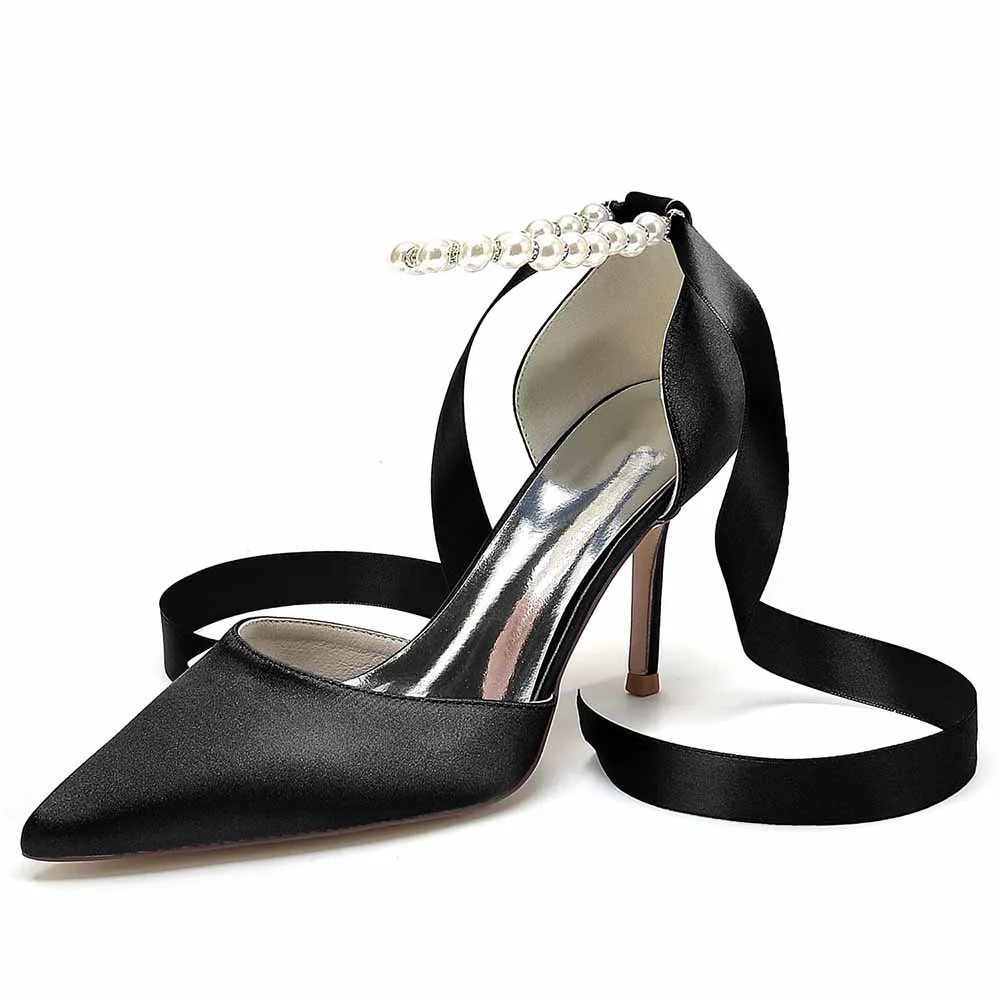 Bride Heels Satin Ankle Strap Pumps With Pearls Party Heel Shoes
