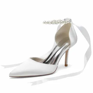 Bride Heels Satin Ankle Strap Pumps With Pearls Party Heel Shoes