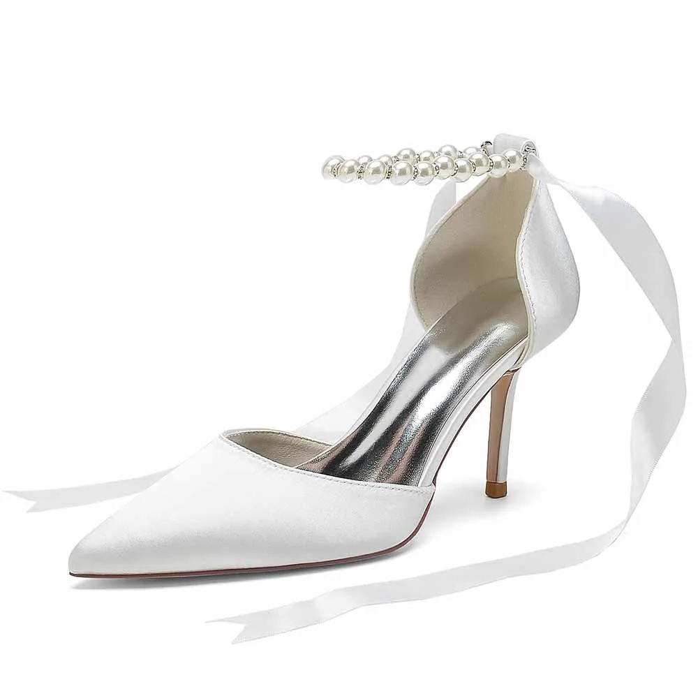 Bride Heels Satin Ankle Strap Pumps With Pearls Party Heel Shoes