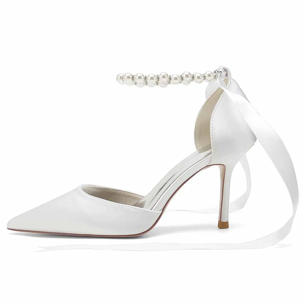 Bride Heels Satin Ankle Strap Pumps With Pearls Party Heel Shoes