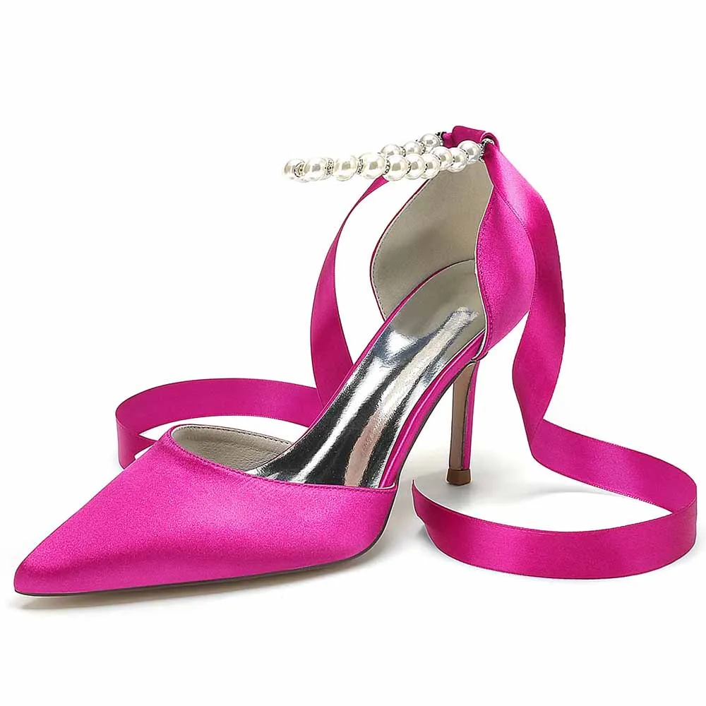 Bride Heels Satin Ankle Strap Pumps With Pearls Party Heel Shoes