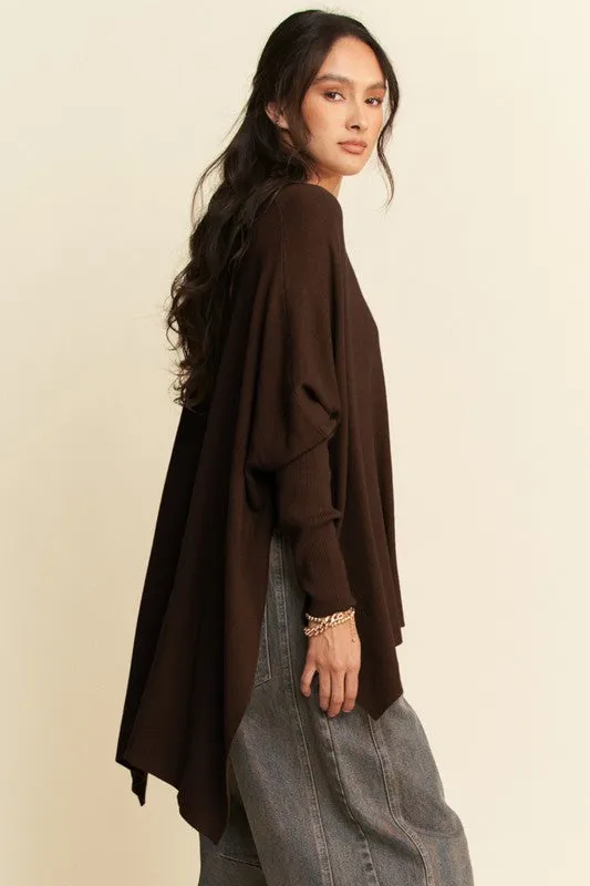 Brown High-Low Batwing Sleeve Top