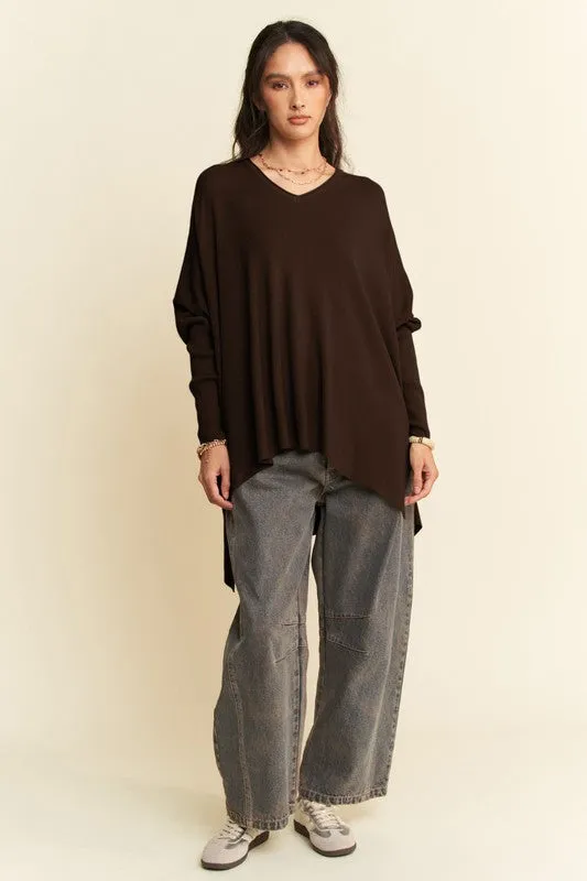 Brown High-Low Batwing Sleeve Top