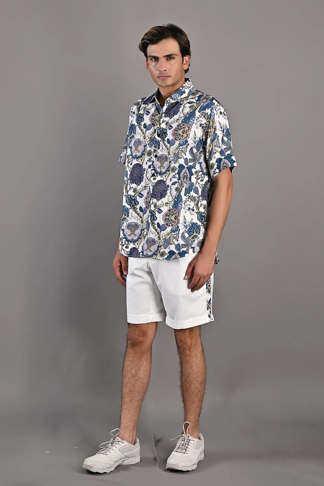 Caesar - Multi Blue Printed Shirt with Off-White Shorts Set