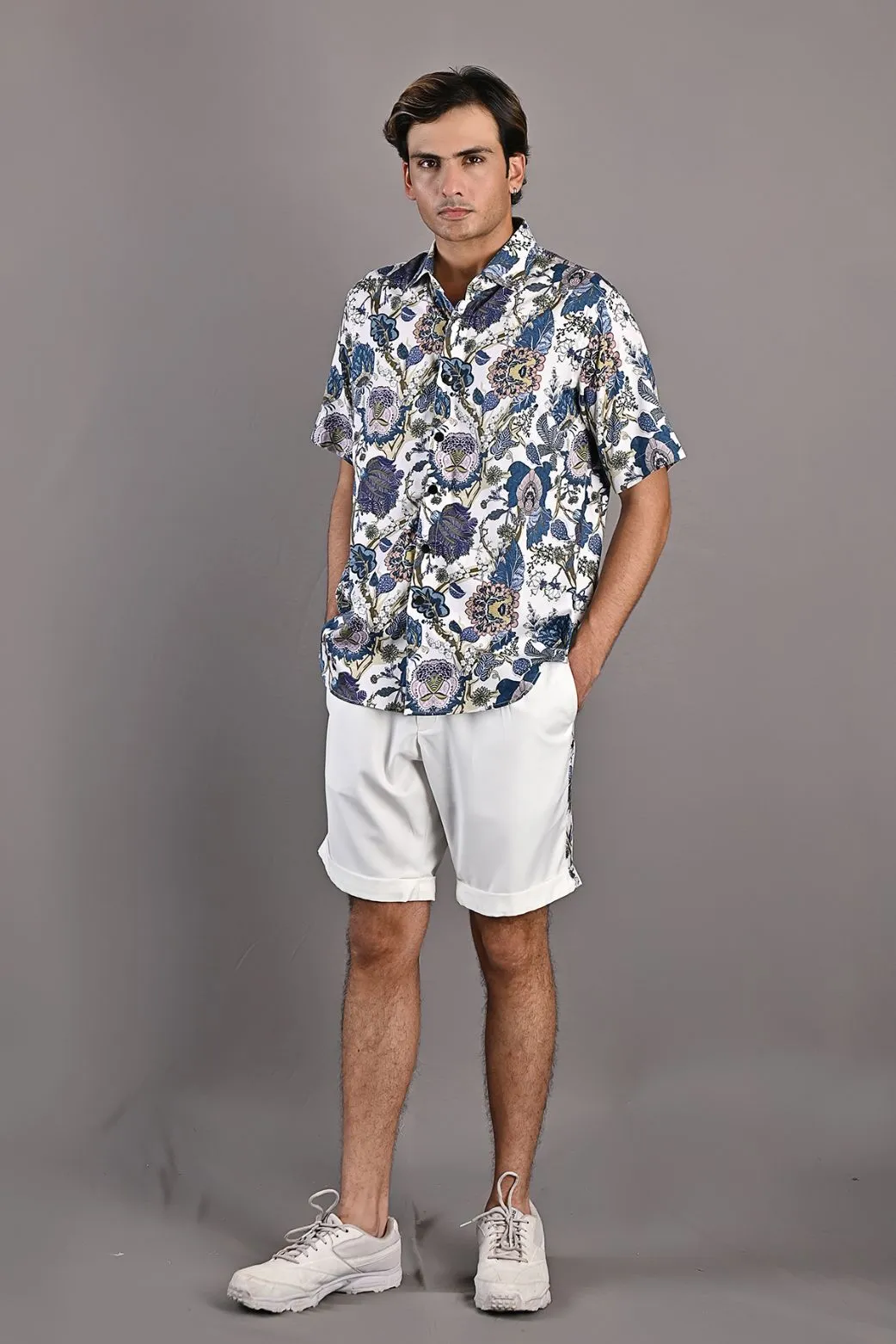 Caesar - Multi Blue Printed Shirt with Off-White Shorts Set