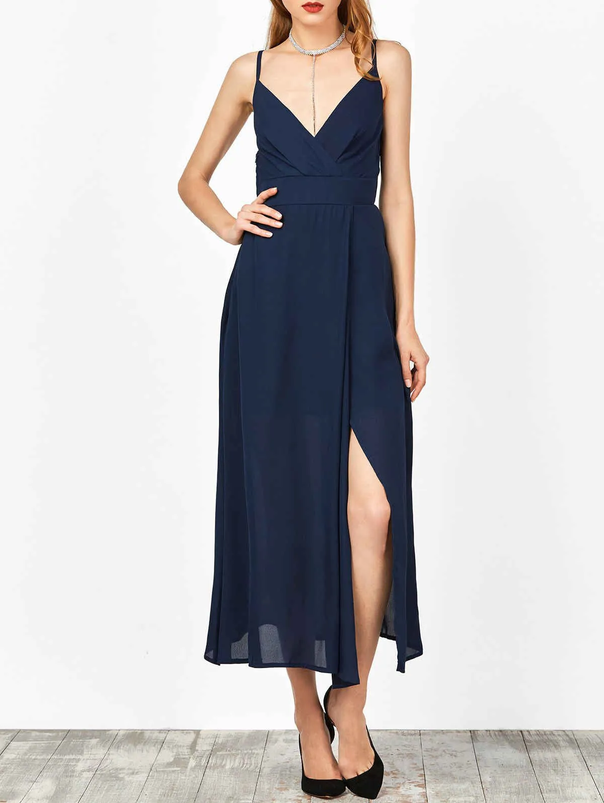 Cheap Navy Slip High Slit Plunge Neck Summer Dress