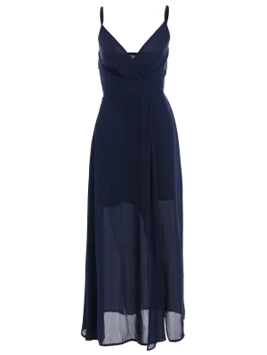 Cheap Navy Slip High Slit Plunge Neck Summer Dress