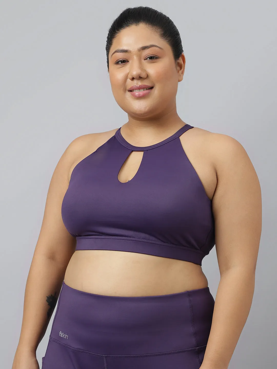 Fitkin Plus Size Halter Neck High Support Purple Sports Bra