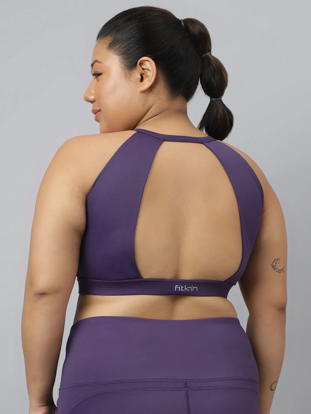 Fitkin Plus Size Halter Neck High Support Purple Sports Bra