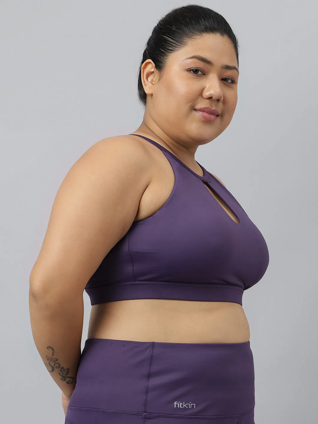 Fitkin Plus Size Halter Neck High Support Purple Sports Bra