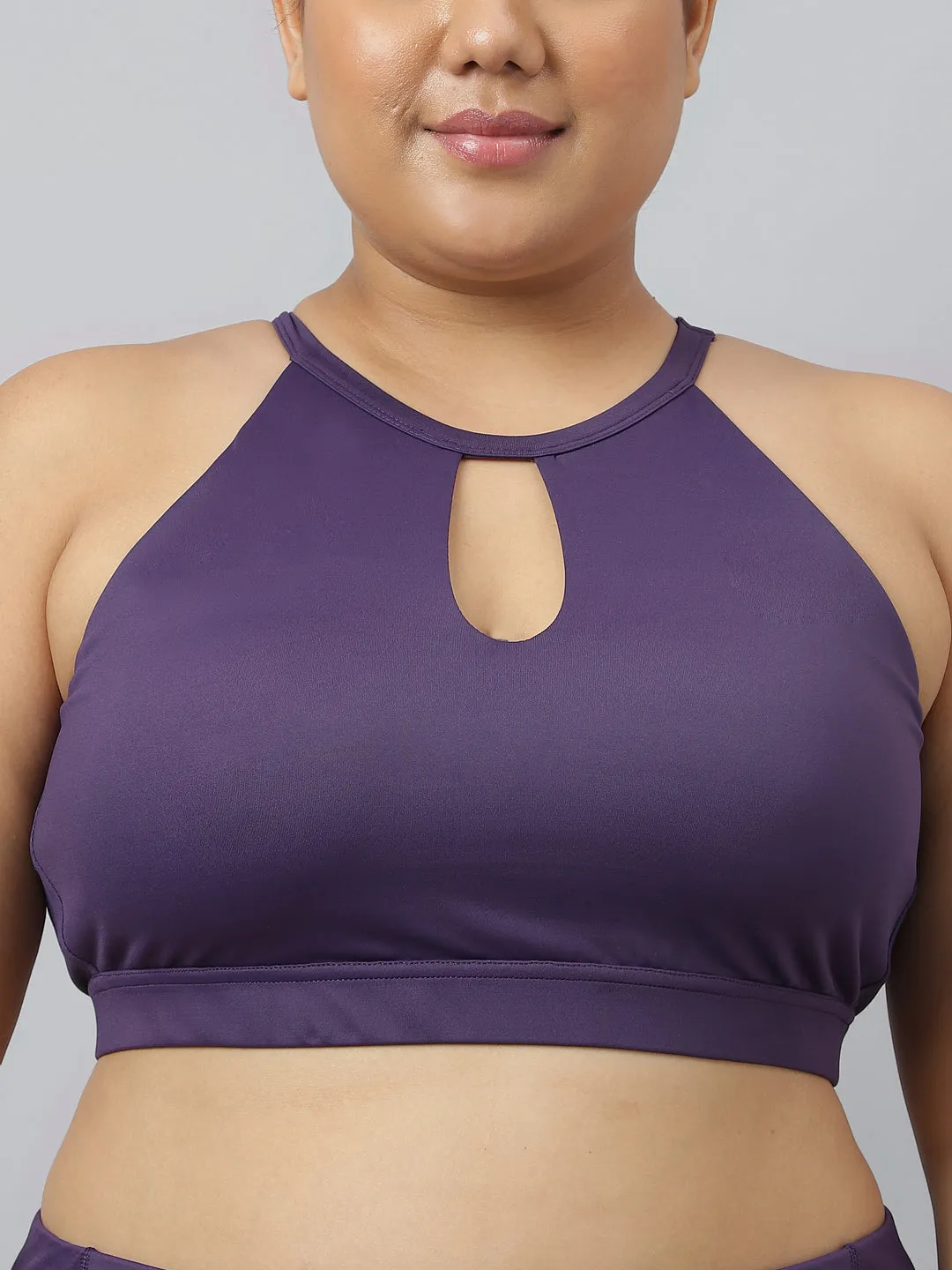Fitkin Plus Size Halter Neck High Support Purple Sports Bra