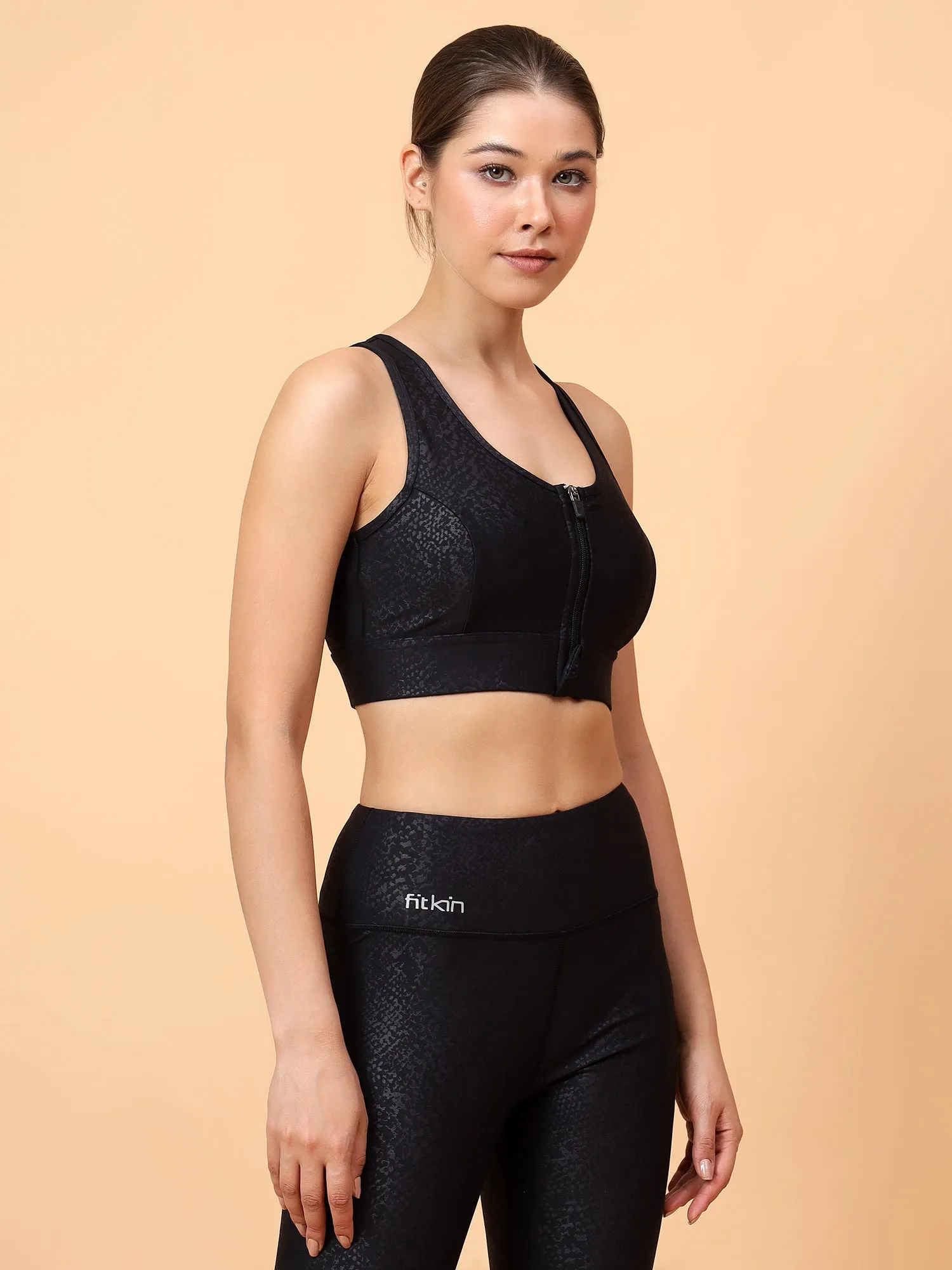 Fitkin Women's Snake Print Front Zipper Sports Bra