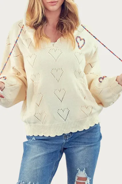 HEART POINTELLE-KNIT SWEATER