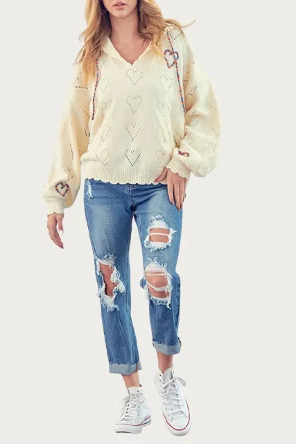 HEART POINTELLE-KNIT SWEATER