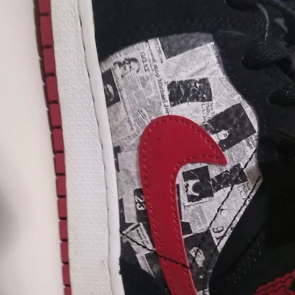 Jordan 1s Newspaper Black and Red High-Top Sneakers