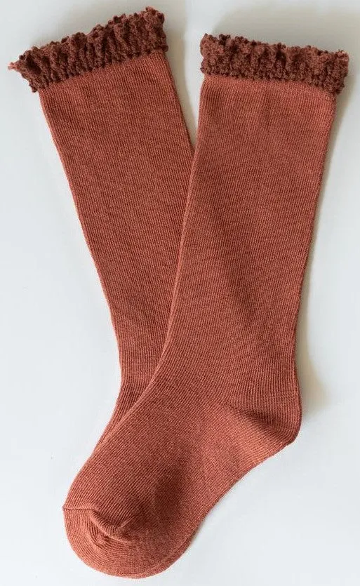 Little Stocking Co Lace Top Knee High Socks - Rust w/Brown