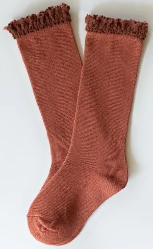 Little Stocking Co Lace Top Knee High Socks - Rust w/Brown