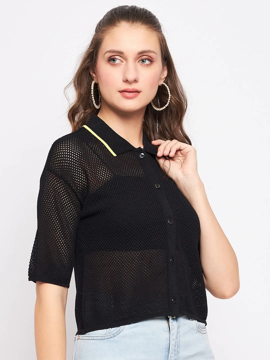 Madame Black Knit Shirt Collar Top