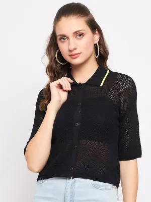 Madame Black Knit Shirt Collar Top