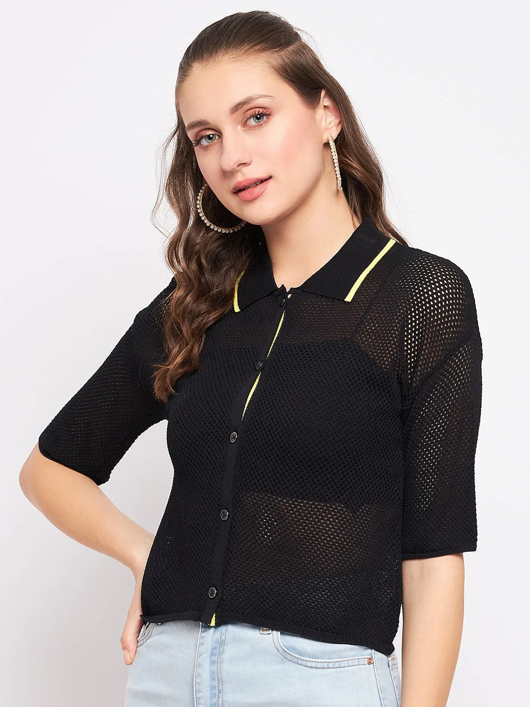 Madame Black Knit Shirt Collar Top