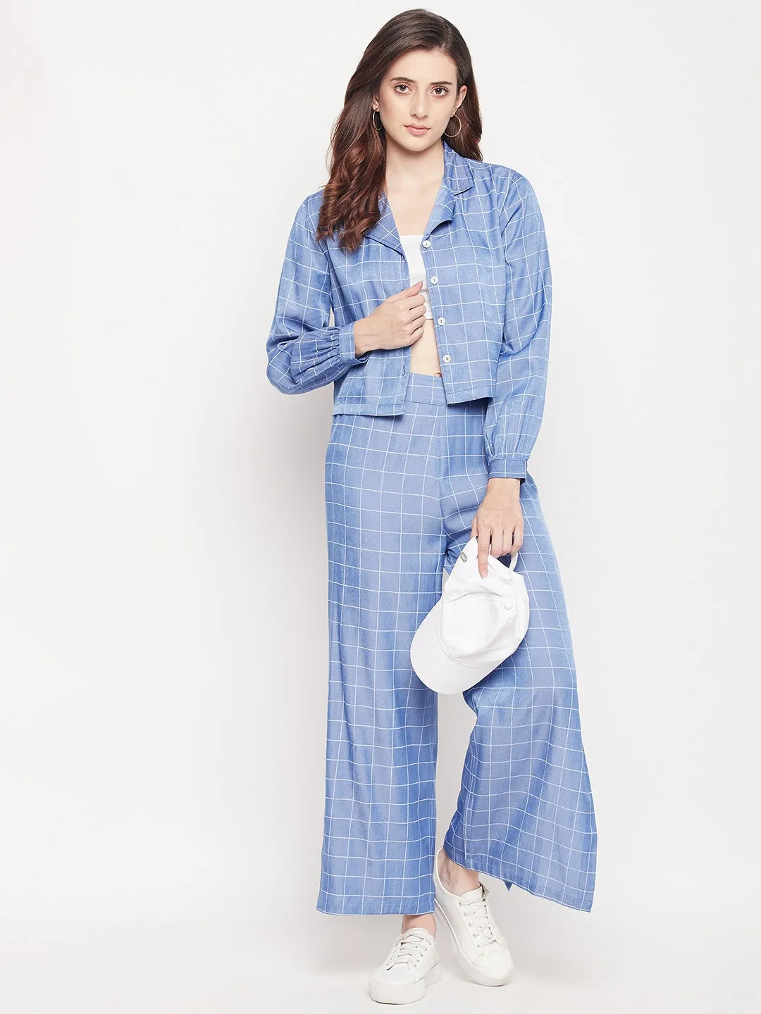 Madame Blue Lapel Collar Side Slit Co-Ord Set