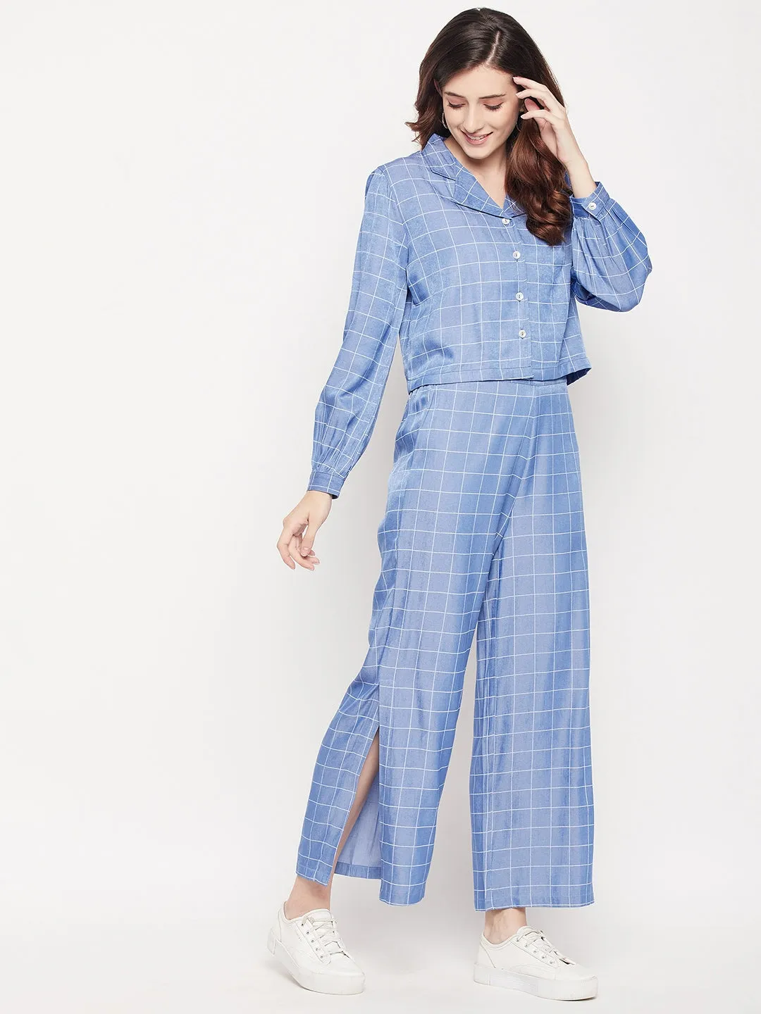 Madame Blue Lapel Collar Side Slit Co-Ord Set
