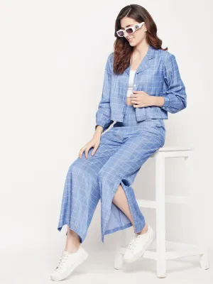 Madame Blue Lapel Collar Side Slit Co-Ord Set