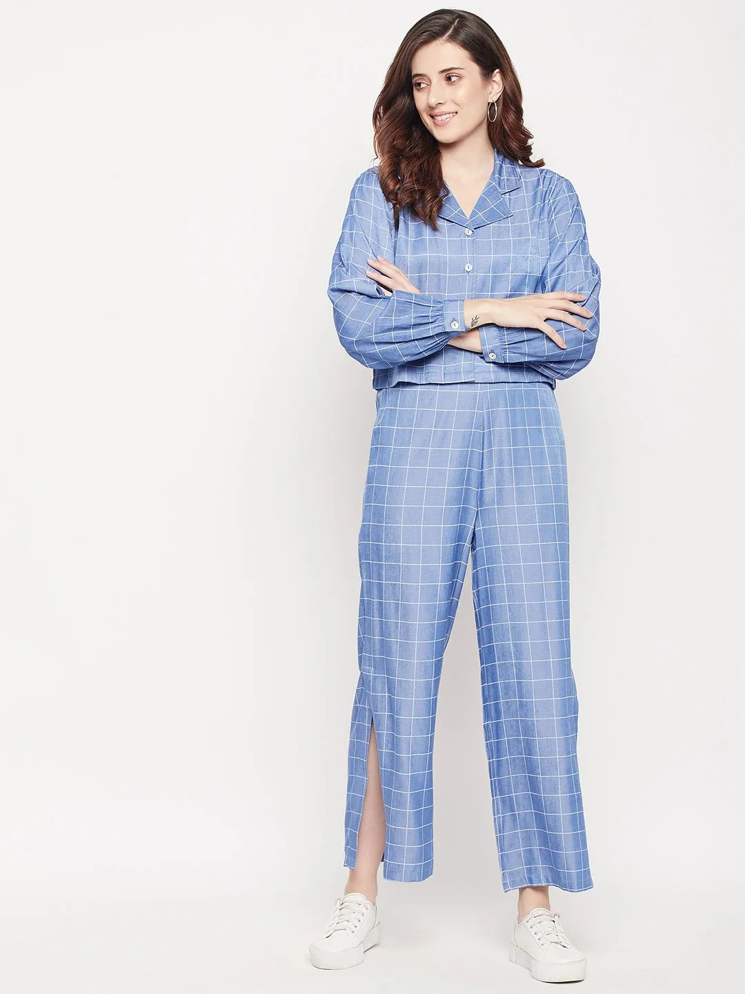 Madame Blue Lapel Collar Side Slit Co-Ord Set