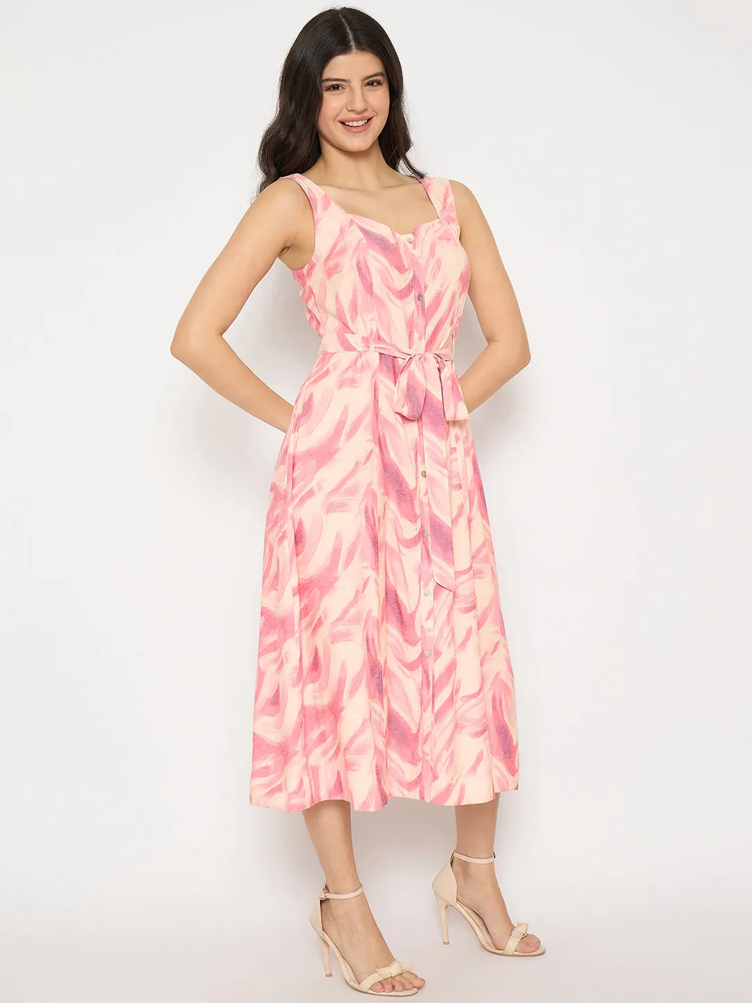 Madame Printed Sleeveless Pink Midi Dress