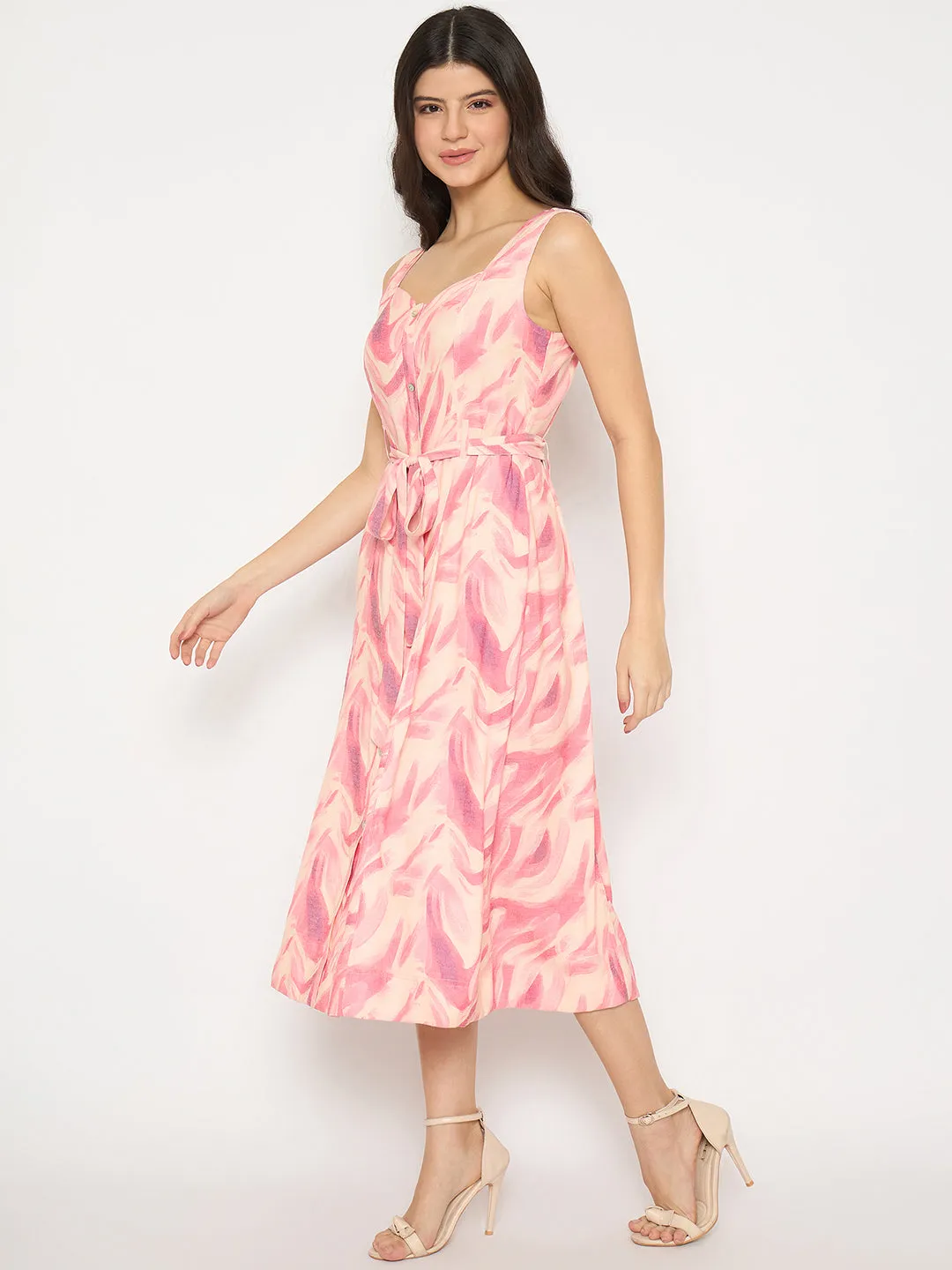 Madame Printed Sleeveless Pink Midi Dress